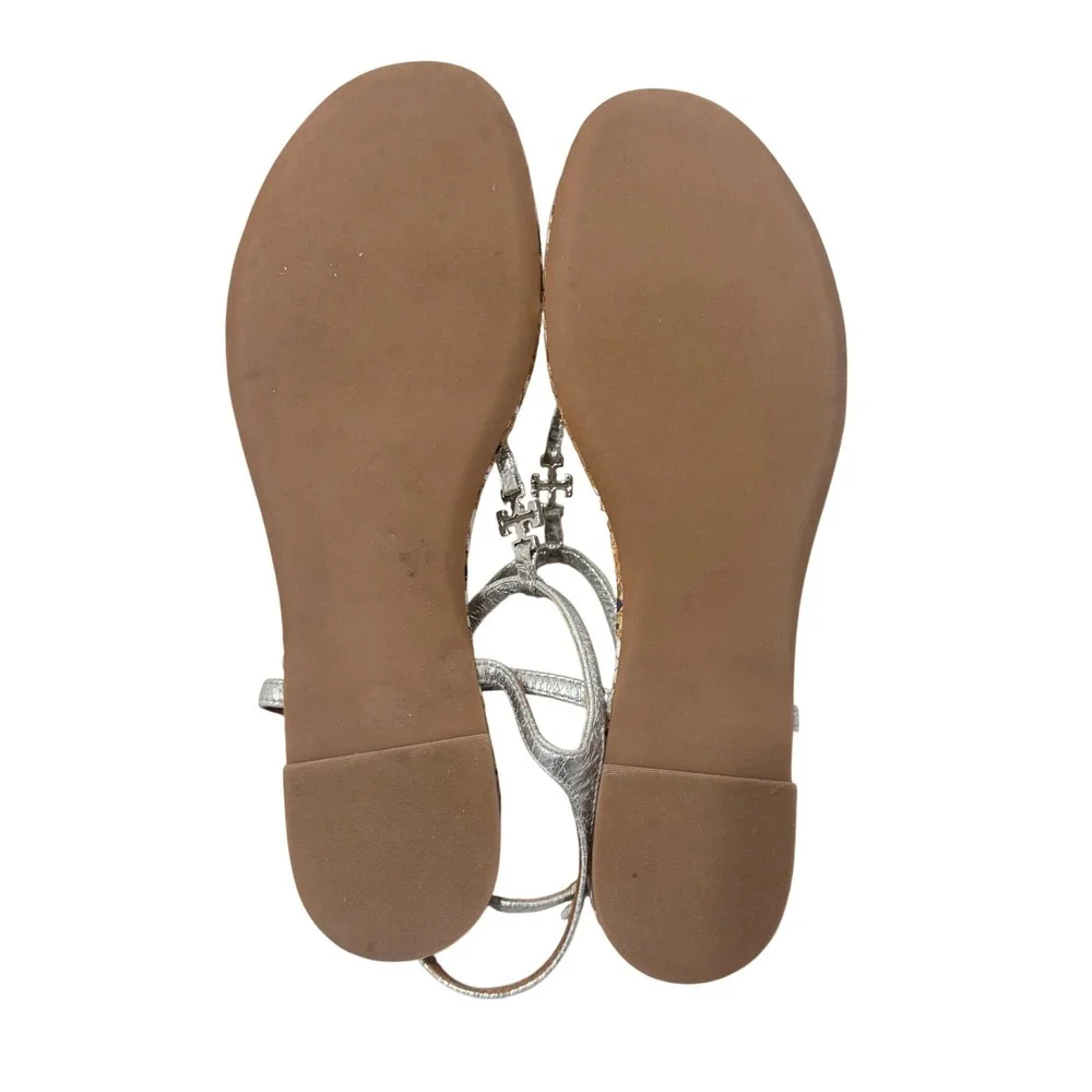 Tory Burch Marion Silver Metallic T-Strap Cork Logo Sandals Shoes‎ Womens 10M